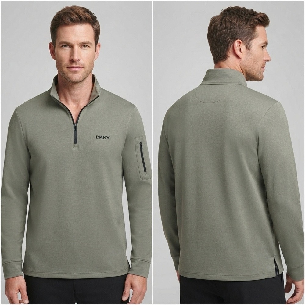 DKNY Mens Quarter Zip Pullover Sage Green Performance Mock Neck Sweatshirt Small